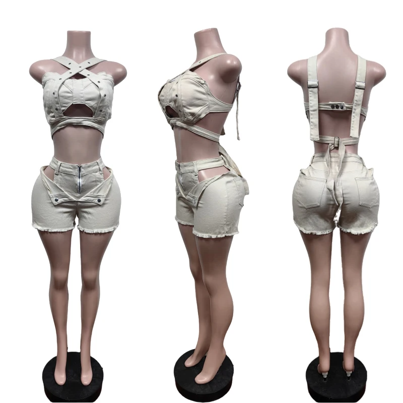 Sexy Jean Women Short Sets Straps Denim Crop Top and Cut Out Shorts Set 2025 Summer Clothes Streetwear Two 2 Piece Club Outfits - Image 6