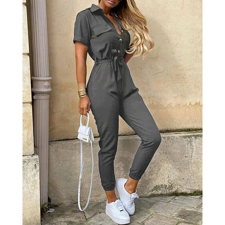 Women's Monochrome Jumpsuit 2024 Spring/Summer Comfortable Casual Flip Collar Printed Belt Work Dress Women's Jumpsuit - Image 13