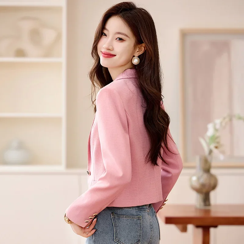 High quality short blazer for women single breasted long sleeve new spring 2025 elegant fashion office clothes black white pink - Image 3