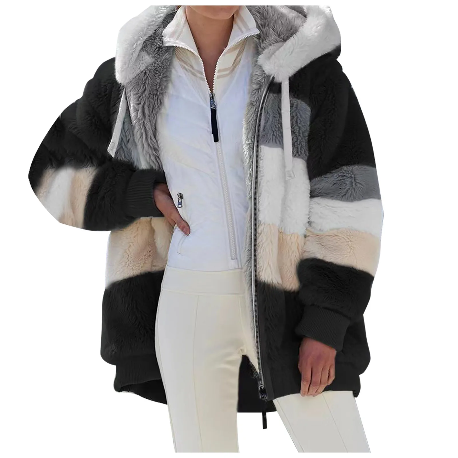 Women Striped Patchwork Fleece Hoodie Coat Autumn Winter Long Lantern Sleeve Loose Cardigan Hoodie Sweatshirt Coats - Image 5