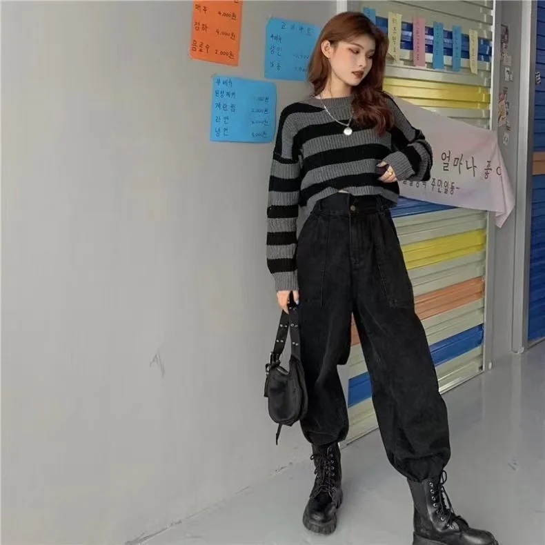 ZMZBCH Korean Style Autumn Striped Cropped Sweater Women Vintage Oversize Knit Jumper Female Long Sleeve O-neck Pullovers Tops - Image 6