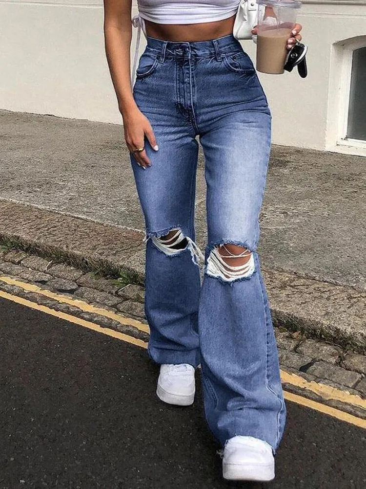 2023 New High Waist Ripped Boot Cut Jeans For Women Fashion Stretch Knee Ripped Denim Flared Pants Casual Female Trousers S-2XL - Image 5