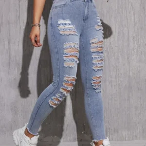 Women Ripped Jeans Cotton Skinny Stretch Lady High Waist Hole Denim Pants Fashion Solid Color Sexy Pencil Trousers