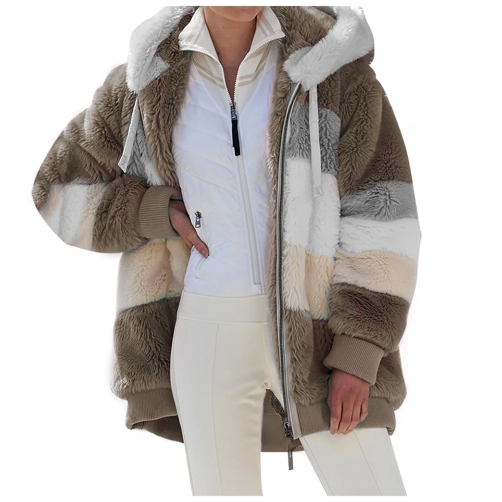 Women Striped Patchwork Fleece Hoodie Coat Autumn Winter Long Lantern Sleeve Loose Cardigan Hoodie Sweatshirt Coats - Image 2
