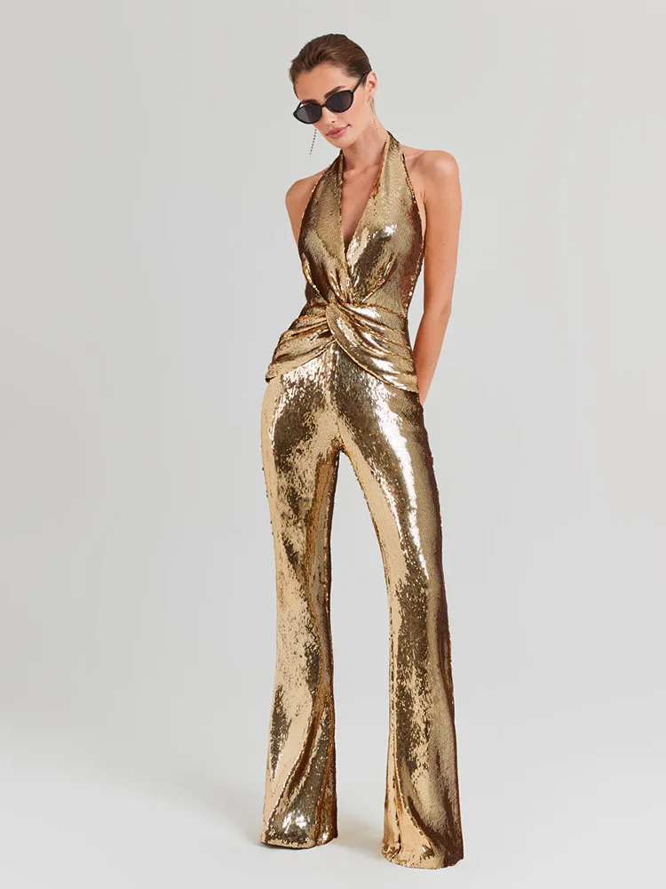 Women's Sleeveless Gold Sequin Jumpsuit Sexy V Neck Sparkle Sequined High Waist Wide Leg Pants Jumpsuit Celebrity Evening Party - Image 3