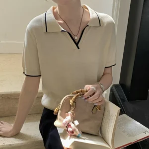 Pure Cotton Knitted Short Sleeved T-shirt for women's Summer 2025 New Fashionable and Stylish Small V-neck Polo Shirt Tops