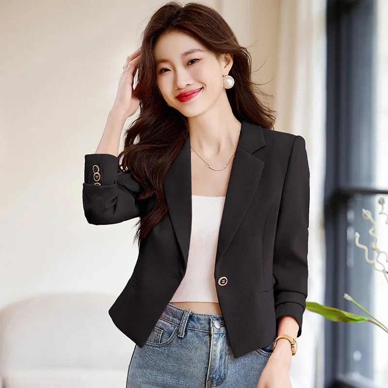 High quality short blazer for women single breasted long sleeve new spring 2025 elegant fashion office clothes black white pink - Image 4