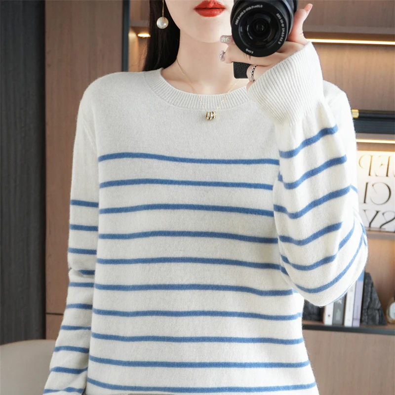Spring Women's Pullover Sweater Striped Two-Color Sweater Long Sleeve Crewneck New 100% Cotton Pullover Sweater For Women-SMY257 - Image 9