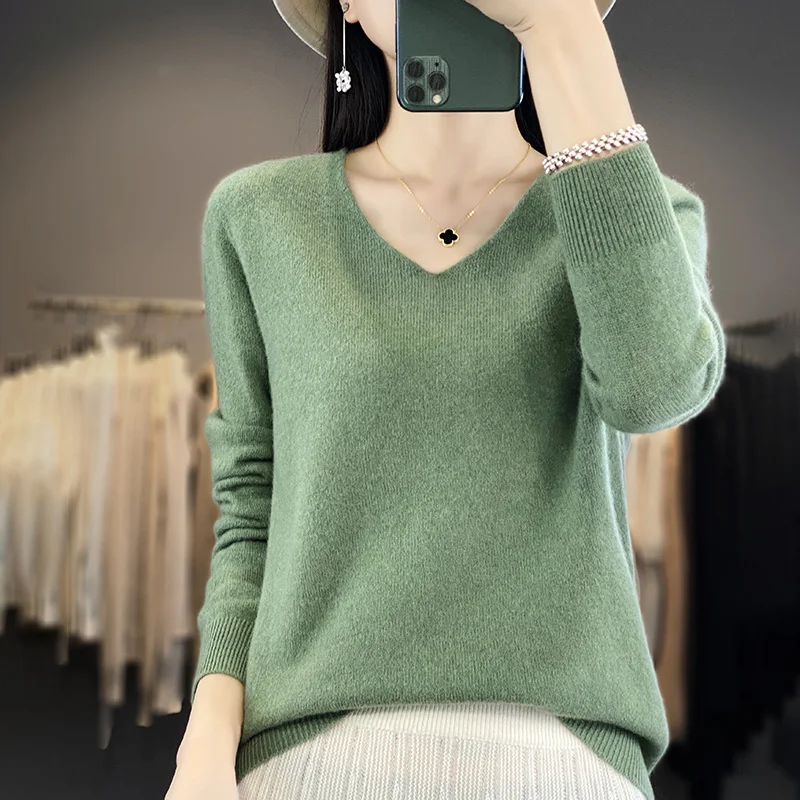 Women 100% Merino Wool Sweater V-Neck Basic Pullover Autumn Winter Cashmere Clothing Long Sleeve Soft Knitwear Tops Solid Color - Image 3