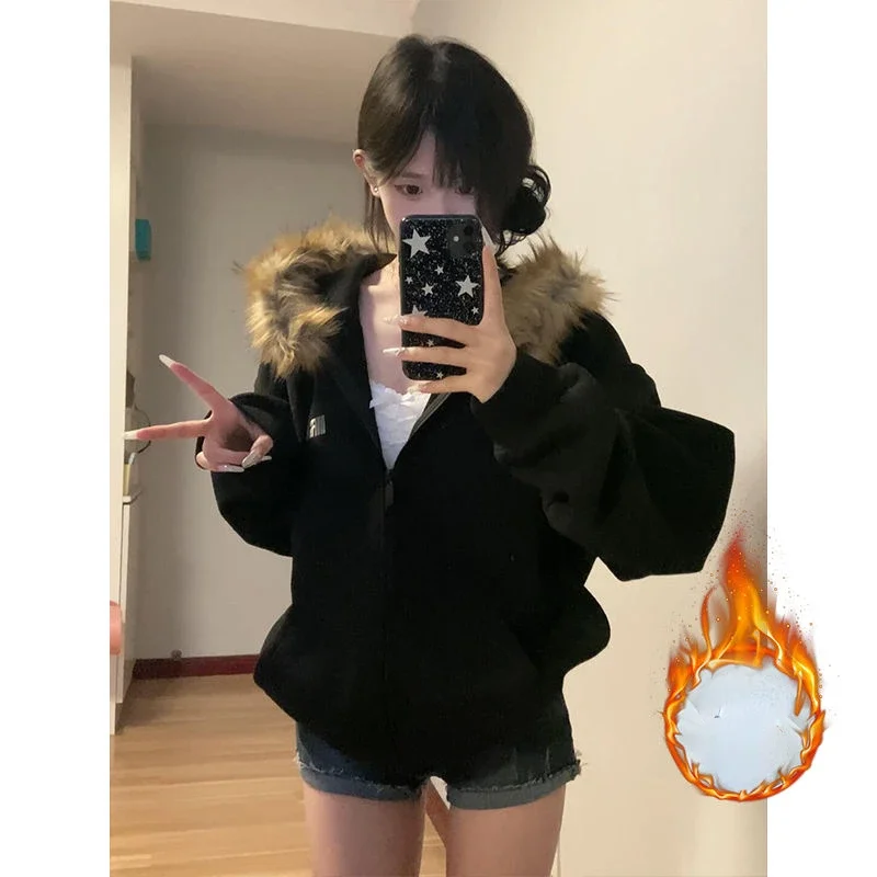 Deeptown Women Black Zip Up Hoodies Vintage Korean Preppy Style Faux Fur Coat Oversized Casual Sweatshirt Harajuku Autumn Winter - Image 7