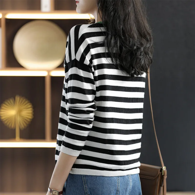 Classic Striped Spring Round Neck Pure Cotton Thin Long-Sleeved Women's Loose T-Shirt Contrast Color Knit Sweater Base SMY C16 - Image 4