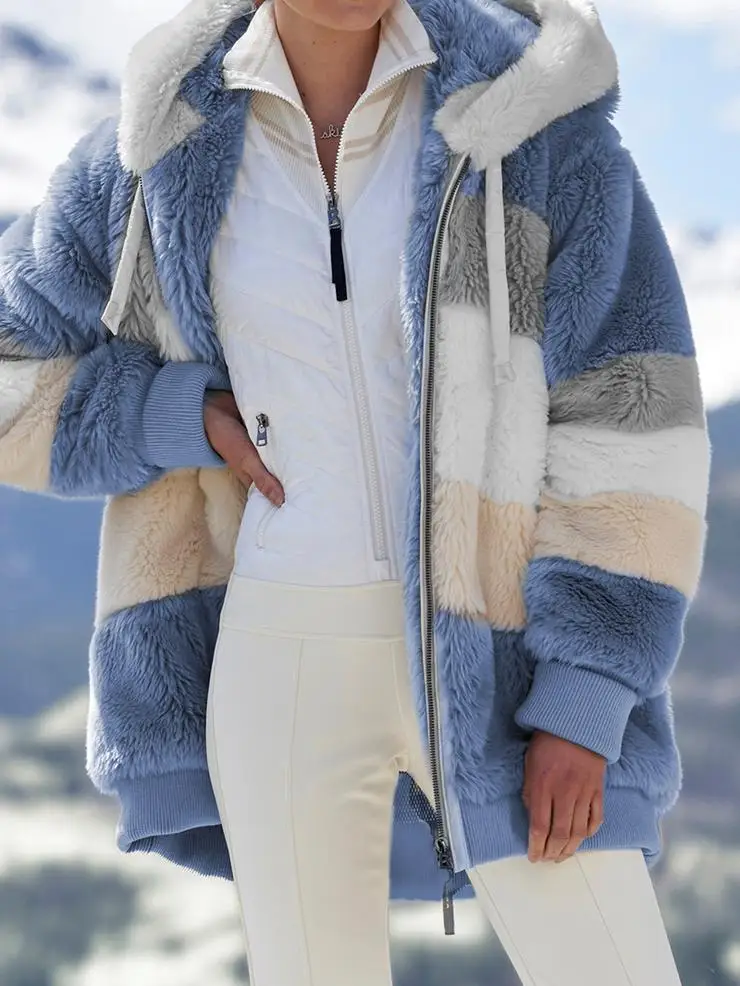 Women Striped Patchwork Fleece Hoodie Coat Autumn Winter Long Lantern Sleeve Loose Cardigan Hoodie Sweatshirt Coats - Image 12