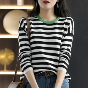 Classic Striped Spring Round Neck Pure Cotton Thin Long-Sleeved Women's Loose T-Shirt Contrast Color Knit Sweater Base SMY C16