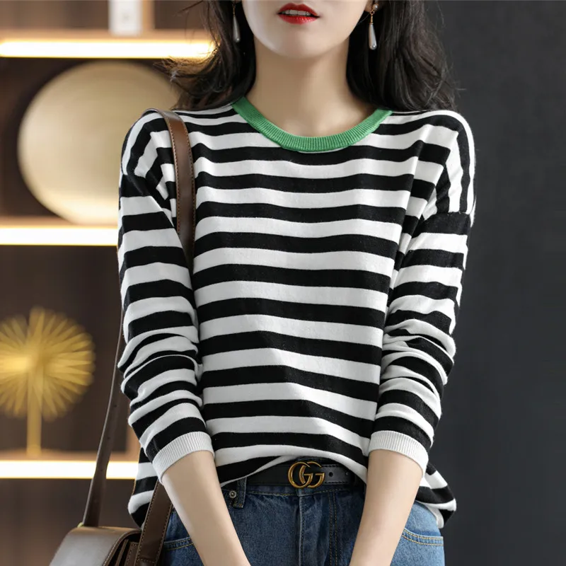 Classic Striped Spring Round Neck Pure Cotton Thin Long-Sleeved Women's Loose T-Shirt Contrast Color Knit Sweater Base SMY C16