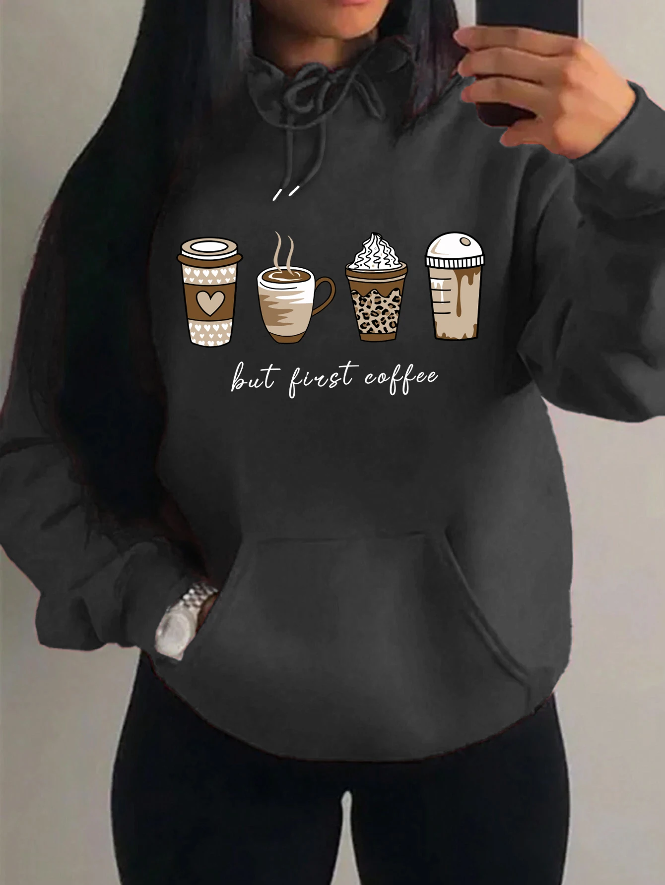 But First Coffee Cartoons Coffee Drinks Pattern Hoodies Fashion Warm Hoody Casual Trendy Sweatshirt Street Women Pullovers - Image 9