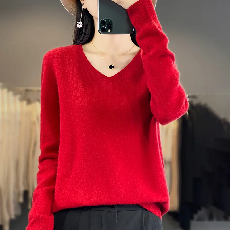 Women 100% Merino Wool Sweater V-Neck Basic Pullover Autumn Winter Cashmere Clothing Long Sleeve Soft Knitwear Tops Solid Color - Image 19