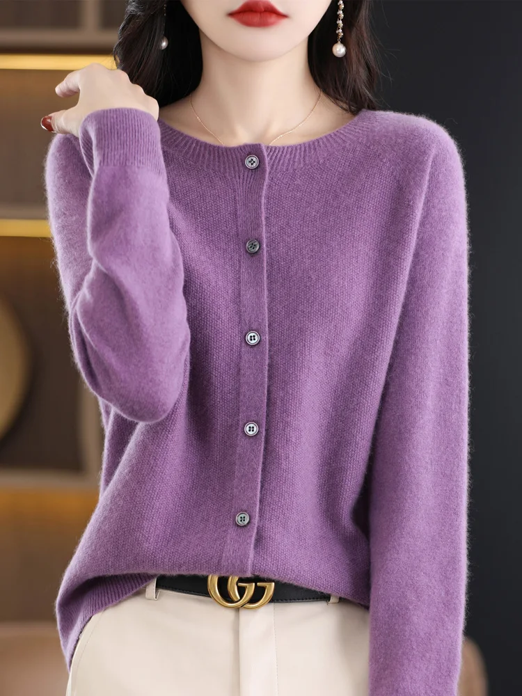 New Fashion Spring 100% Merino Wool Womens O-neck Cardigan Cashmere Sweater 2024 Female Clothing Grace Knitwear Korean Tops - Image 9