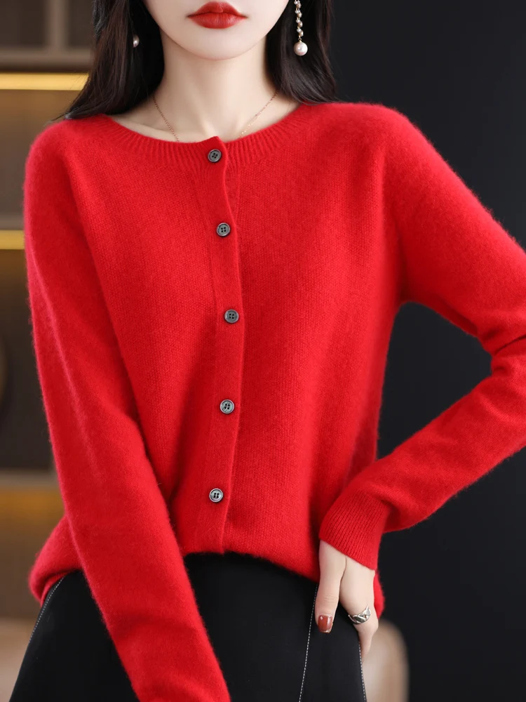 New Fashion Spring 100% Merino Wool Womens O-neck Cardigan Cashmere Sweater 2024 Female Clothing Grace Knitwear Korean Tops - Image 8