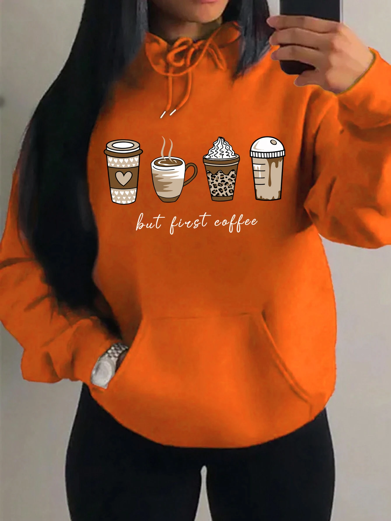 But First Coffee Cartoons Coffee Drinks Pattern Hoodies Fashion Warm Hoody Casual Trendy Sweatshirt Street Women Pullovers - Image 14