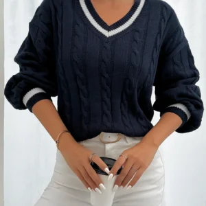 Striped trimmed twisted flower knitted shoulder sweater