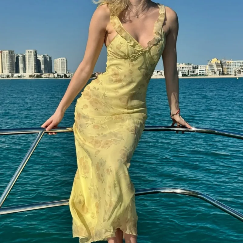 Cryptographic Summer Floral Print Plunge Maxi Dress Outfits Sexy Backless Fairy Sun Dresses Vacation Beachwear Vestido Coquette - Image 5