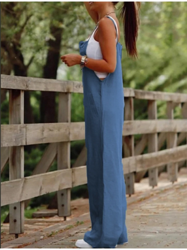 Women's Sleeveless Jumpsuit with Suspender Loose Casual Pocket Monochromatic Summer - Image 4