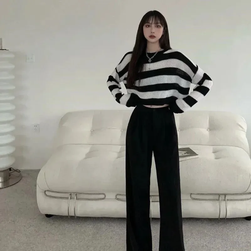ZMZBCH Korean Style Autumn Striped Cropped Sweater Women Vintage Oversize Knit Jumper Female Long Sleeve O-neck Pullovers Tops - Image 2
