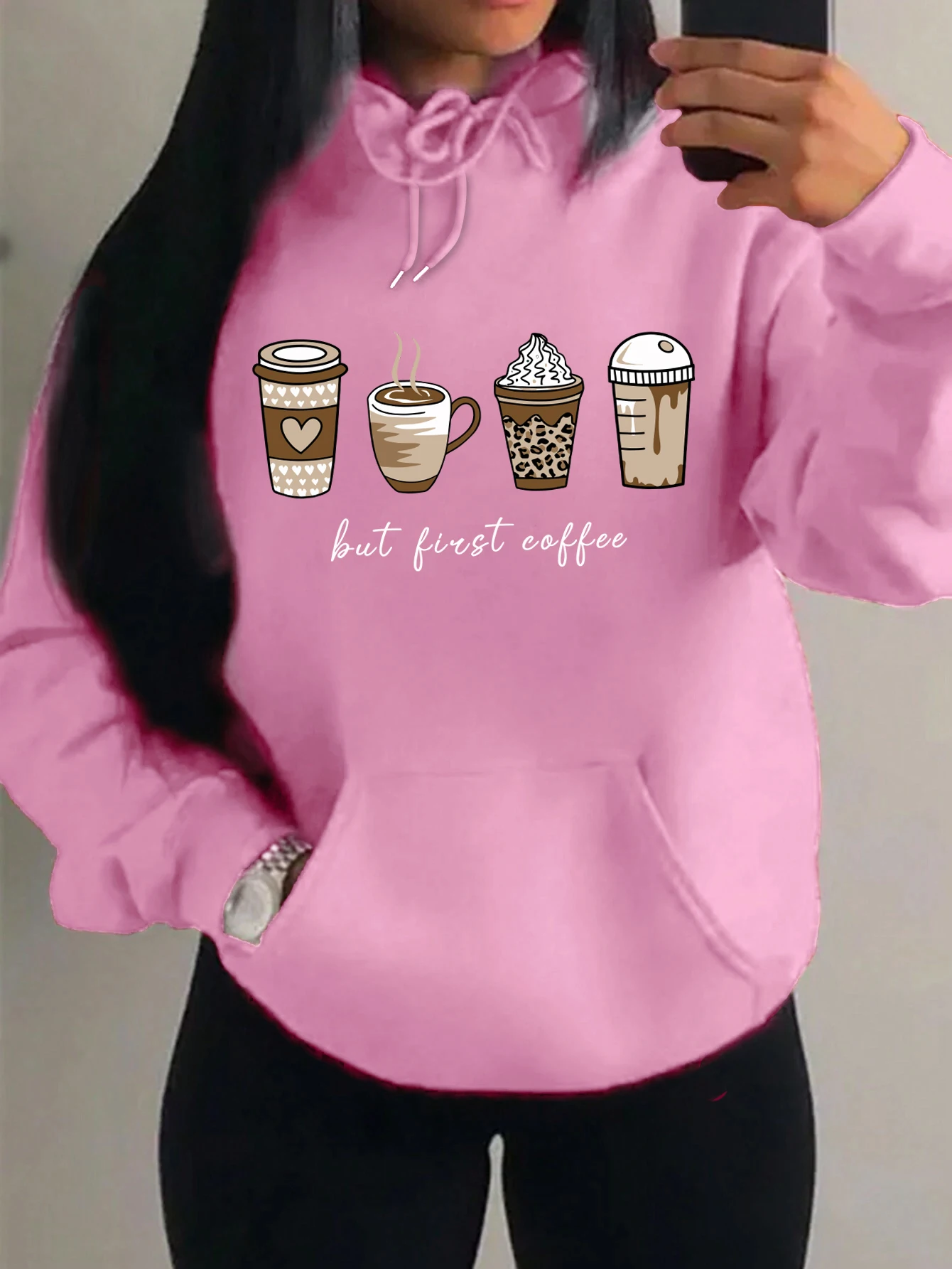 But First Coffee Cartoons Coffee Drinks Pattern Hoodies Fashion Warm Hoody Casual Trendy Sweatshirt Street Women Pullovers - Image 17