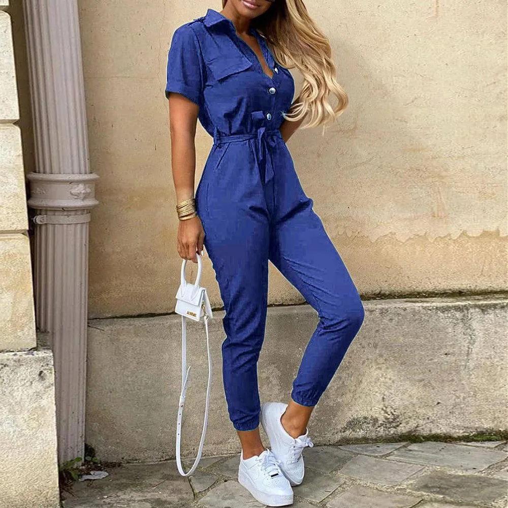 Women's Monochrome Jumpsuit 2024 Spring/Summer Comfortable Casual Flip Collar Printed Belt Work Dress Women's Jumpsuit - Image 11