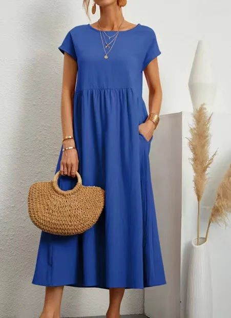 Women Vintage Solid Dress 2023 Summer Elegant O Neck Short Sleeve Cotton Linen Dresses Female Casual Loose Sundress Long Dress - Image 9