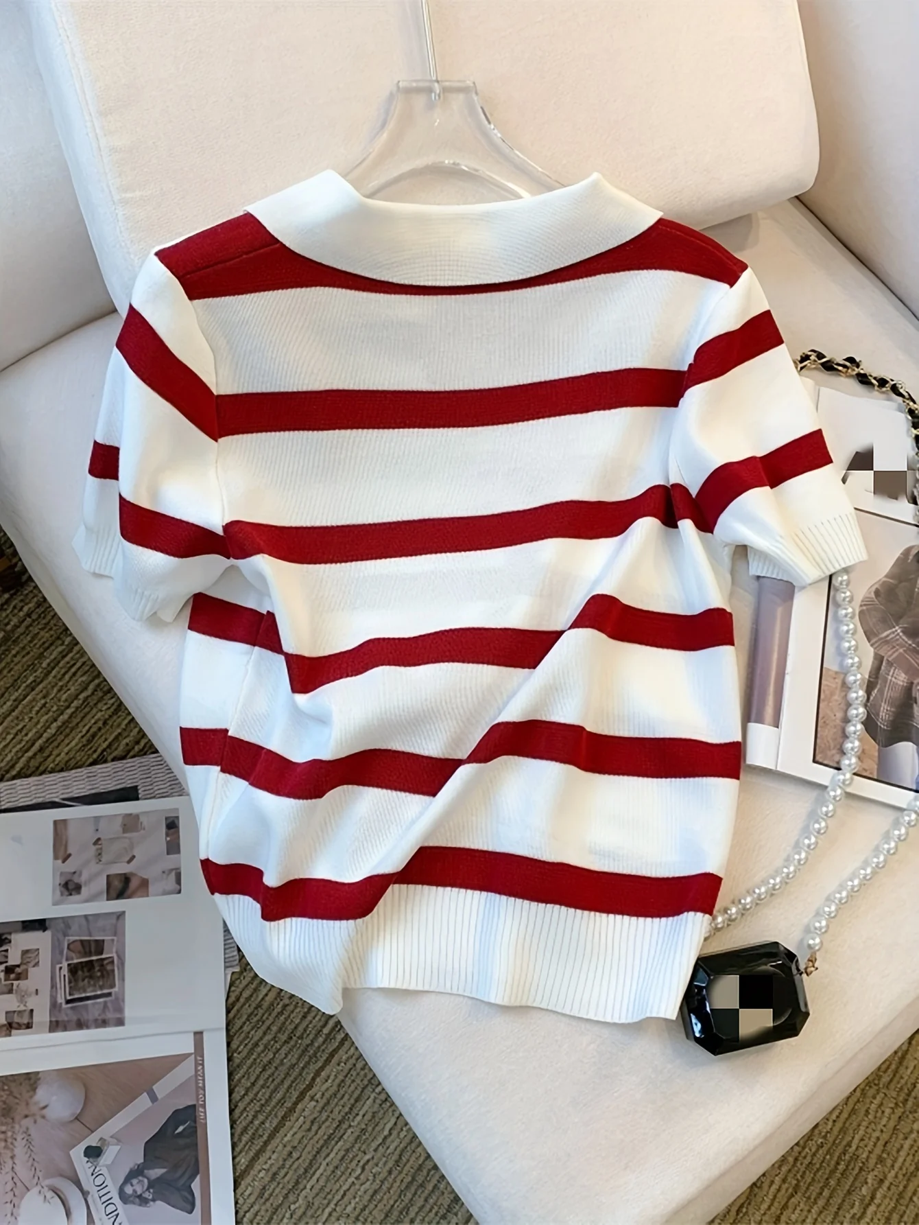 2024 New Striped Pattern Collared Sweater Versatile Short Sleeve Knitted Top For Spring & Summer Women's Clothing Crop Top - Image 2