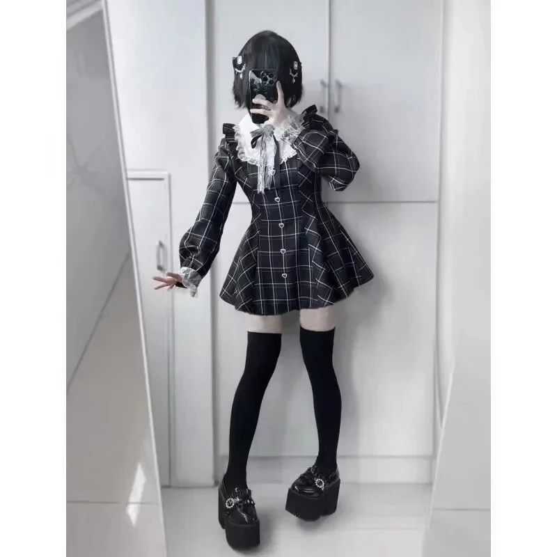 Harajuku Sweet Bow Black Plaid Dresses All-match Slim Fit Kawaii Lolita Dress for Women Autumn New Long Sleeve Vestidos De Mujer - Image 5