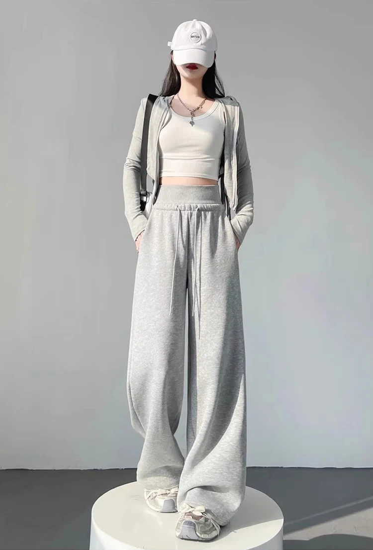 Women's gray sports high waist hanging loose slimming straight leg wide leg pants American sweatpants. - Image 9