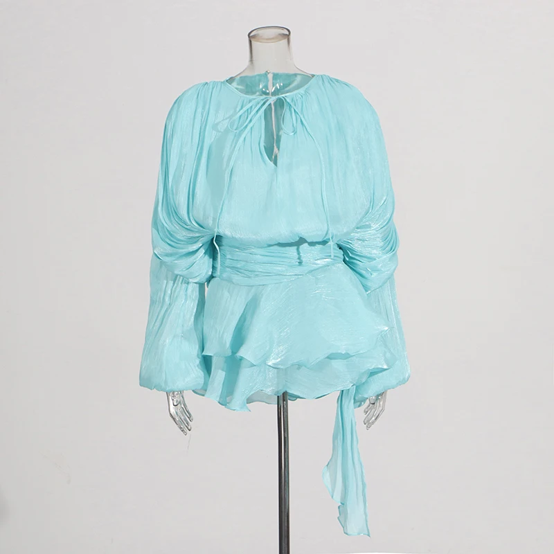 VGH Chic Spliced Lace Up Loose Sexy Short Dresses For Women Round Neck Long Sleeve Minimalist Ruffles Folds Dress Female Fashion - Image 10