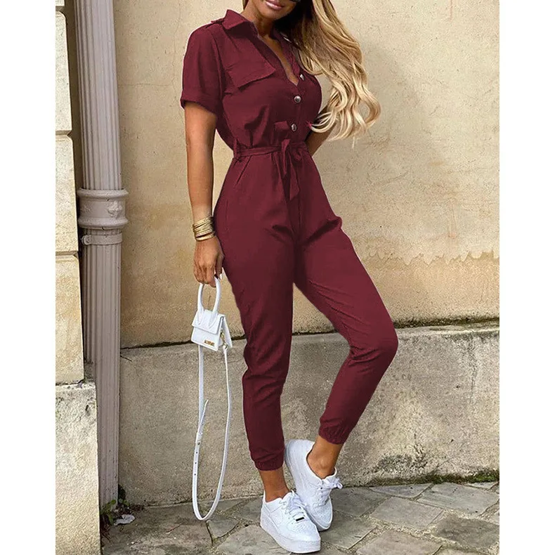 Women's Monochrome Jumpsuit 2024 Spring/Summer Comfortable Casual Flip Collar Printed Belt Work Dress Women's Jumpsuit - Image 12