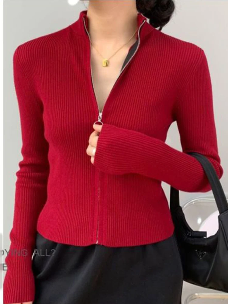 Autumn Zipper Cardigan Women Sweaters Knitted Long Sleeve Stand-up Collar Tops Korean Fashion Short Sweater for Female - Image 3
