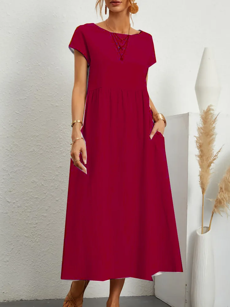 Women Vintage Solid Dress 2023 Summer Elegant O Neck Short Sleeve Cotton Linen Dresses Female Casual Loose Sundress Long Dress - Image 4