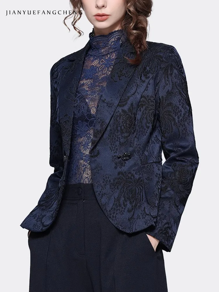 Elegant Suit Collar Women' Dark Blue Jacquard Blazer Elegant Slim Short Female Autumn Winter Coat Jacket Office Ladies Tops - Image 2