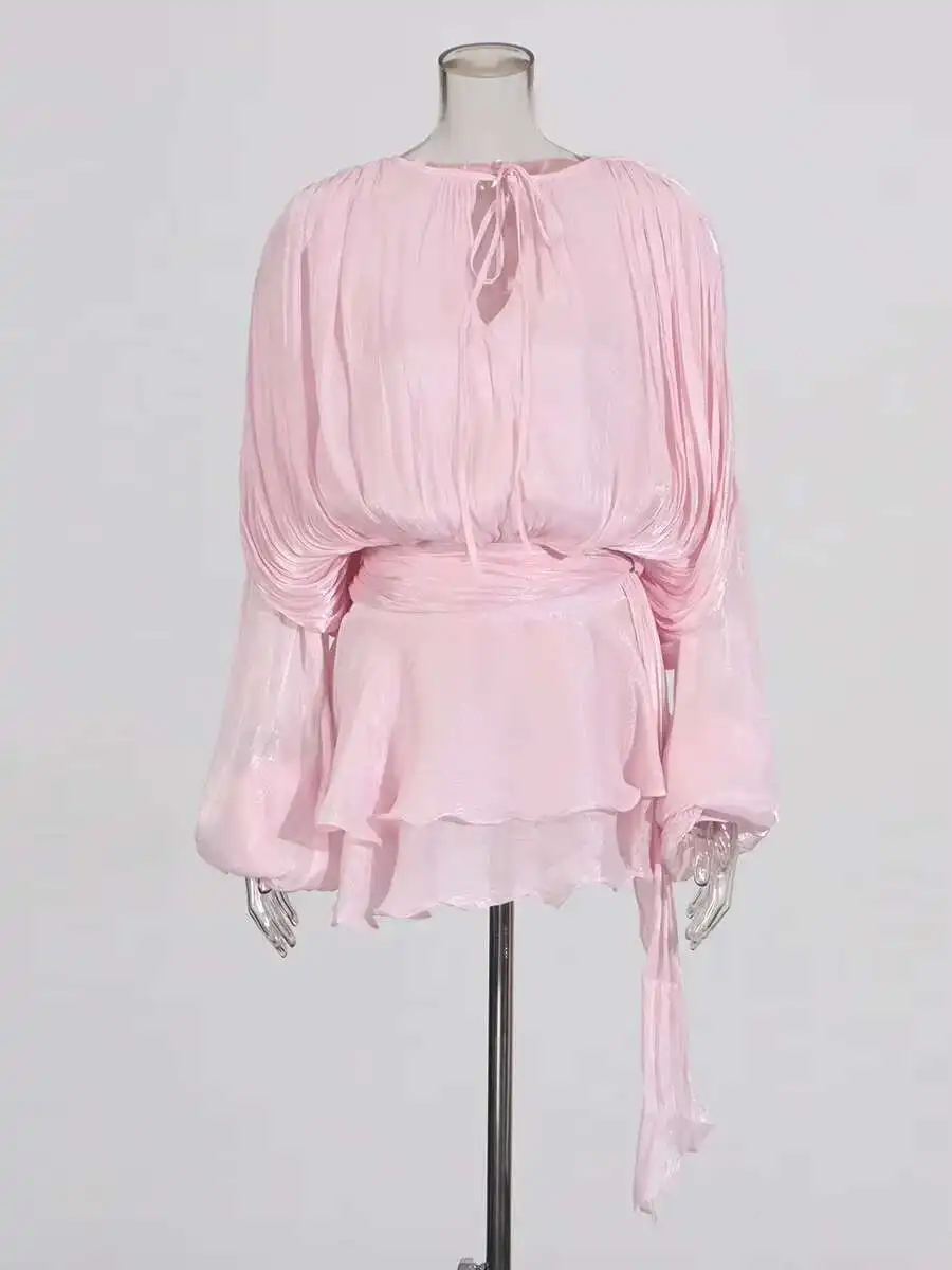 TWOTWINSTYLE Solid Blouse Mini Dresses For Women V Neck Long Sleeve Spliced Lace Up Sweet Style Dress Female Clothing Fashion - Image 17