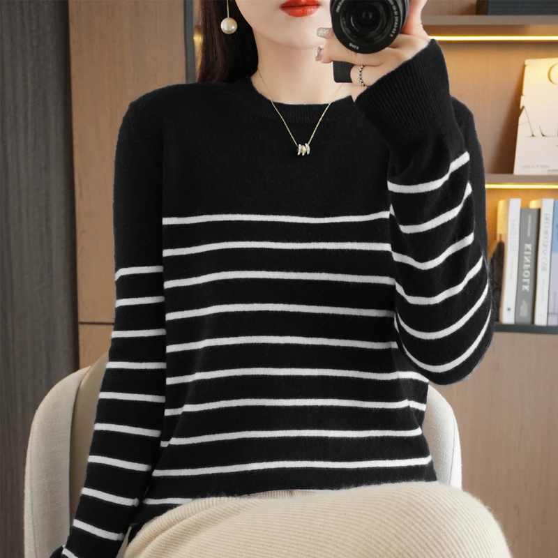 Spring Women's Pullover Sweater Striped Two-Color Sweater Long Sleeve Crewneck New 100% Cotton Pullover Sweater For Women-SMY257 - Image 10