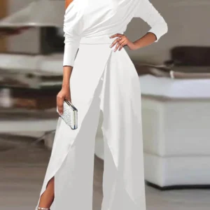 Jumpsuits for Women 2025 Elegant New Fashion Plain Elegant Office Lady Loose Ruched Cold Shoulder Split Hem Wide Leg Jumpsuit