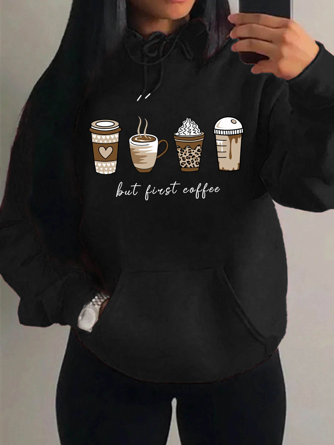 But First Coffee Cartoons Coffee Drinks Pattern Hoodies Fashion Warm Hoody Casual Trendy Sweatshirt Street Women Pullovers - Image 7