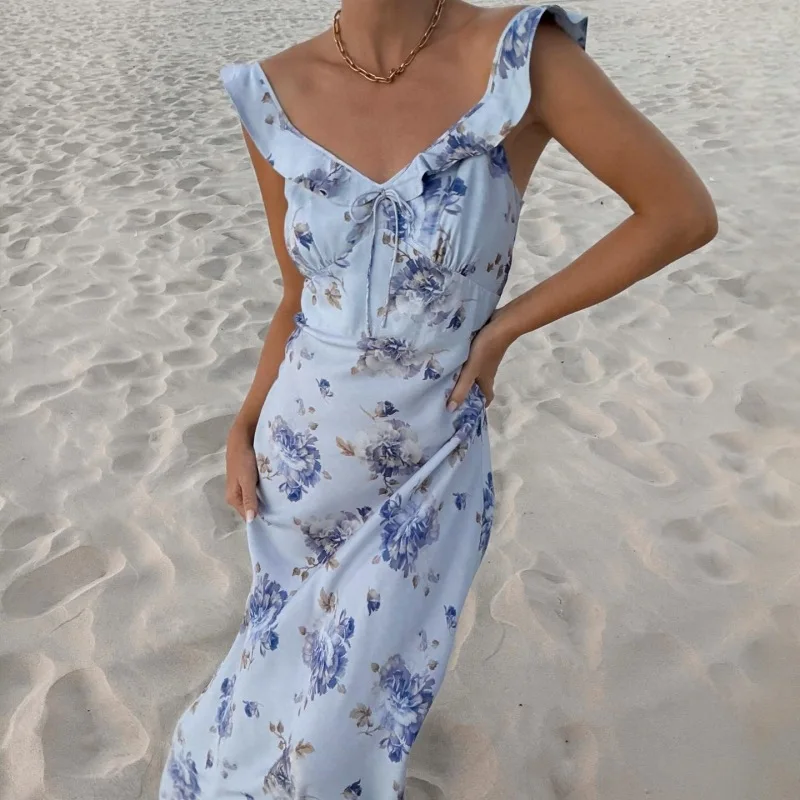 Cryptographic Summer Floral Print Plunge Maxi Dress Outfits Sexy Backless Fairy Sun Dresses Vacation Beachwear Vestido Coquette - Image 9