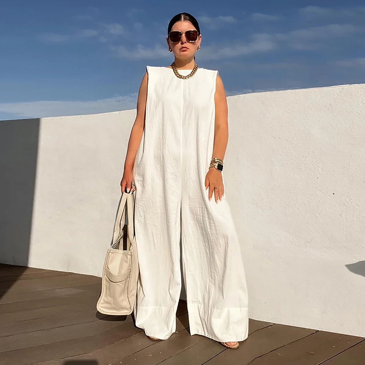 Yeezzi Solid Color Sleeveless Wide Leg Fitness Summer Fashion Female Loose Black White Casual Cool Jumpsuits For Women 2025 New - Image 3