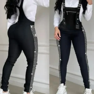 Summer Rhinestone Decor Buckled Suspender Jumpsuit 2025 Women Long Jumpsuits Elegant New Fashion Woman Casual Daily Clothing