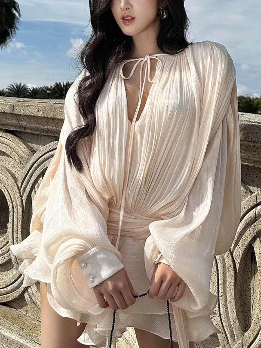 GALCAUR Solid Loose Splicd Lace Up Dresses For Women V Neck Long Sleeves Patchwork Ruffles Tunic Dreses Female Fashio New - Image 3