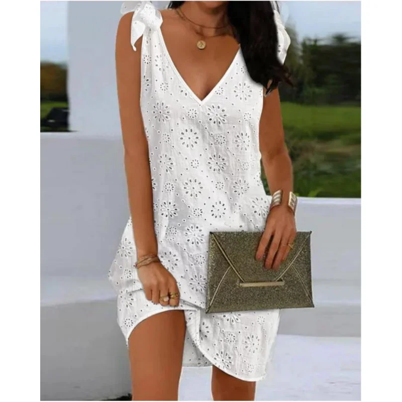 Elegant Dresses V-Neck Eyelet Embroidery Tied Detail Sleeveless Mini Straight Dress Vacation Fashion Summer Dress - Image 6