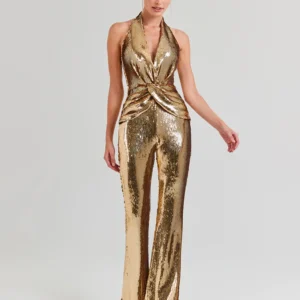 Women's Sleeveless Gold Sequin Jumpsuit Sexy V Neck Sparkle Sequined High Waist Wide Leg Pants Jumpsuit Celebrity Evening Party
