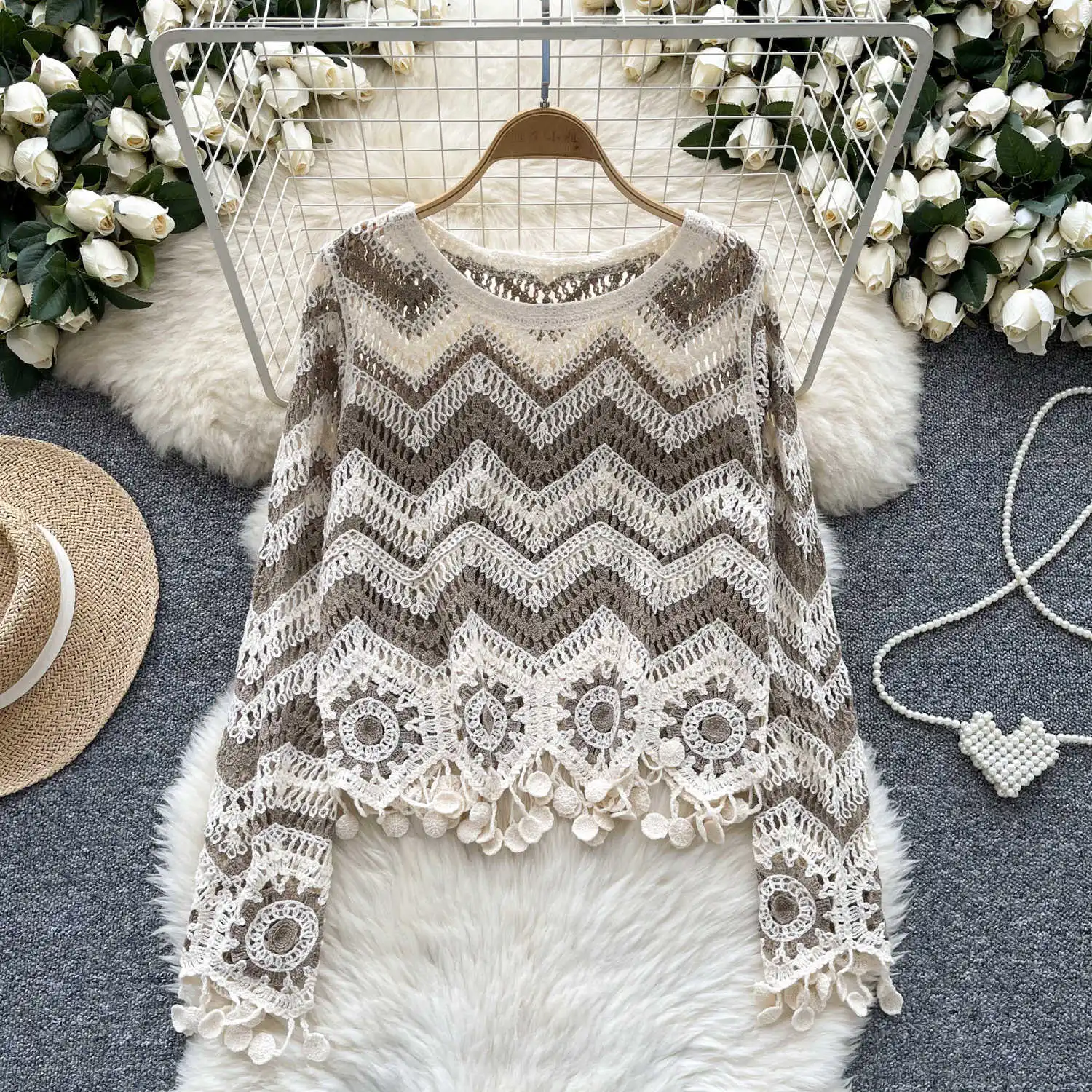 Zig Zag Crochet Top Long Sleeve V-Neck Wavy Striped Open-knit Pullover Sweater for Women Teen-girl Boho Vacation Outfit - Image 5