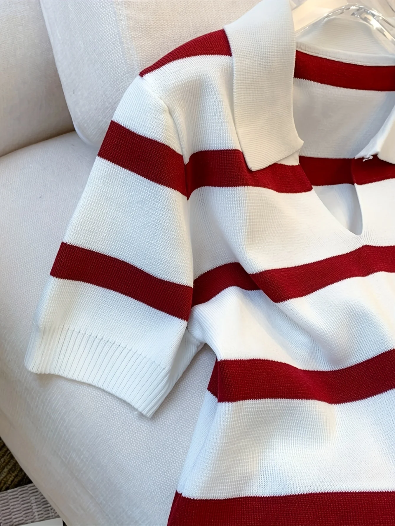 2024 New Striped Pattern Collared Sweater Versatile Short Sleeve Knitted Top For Spring & Summer Women's Clothing Crop Top - Image 5